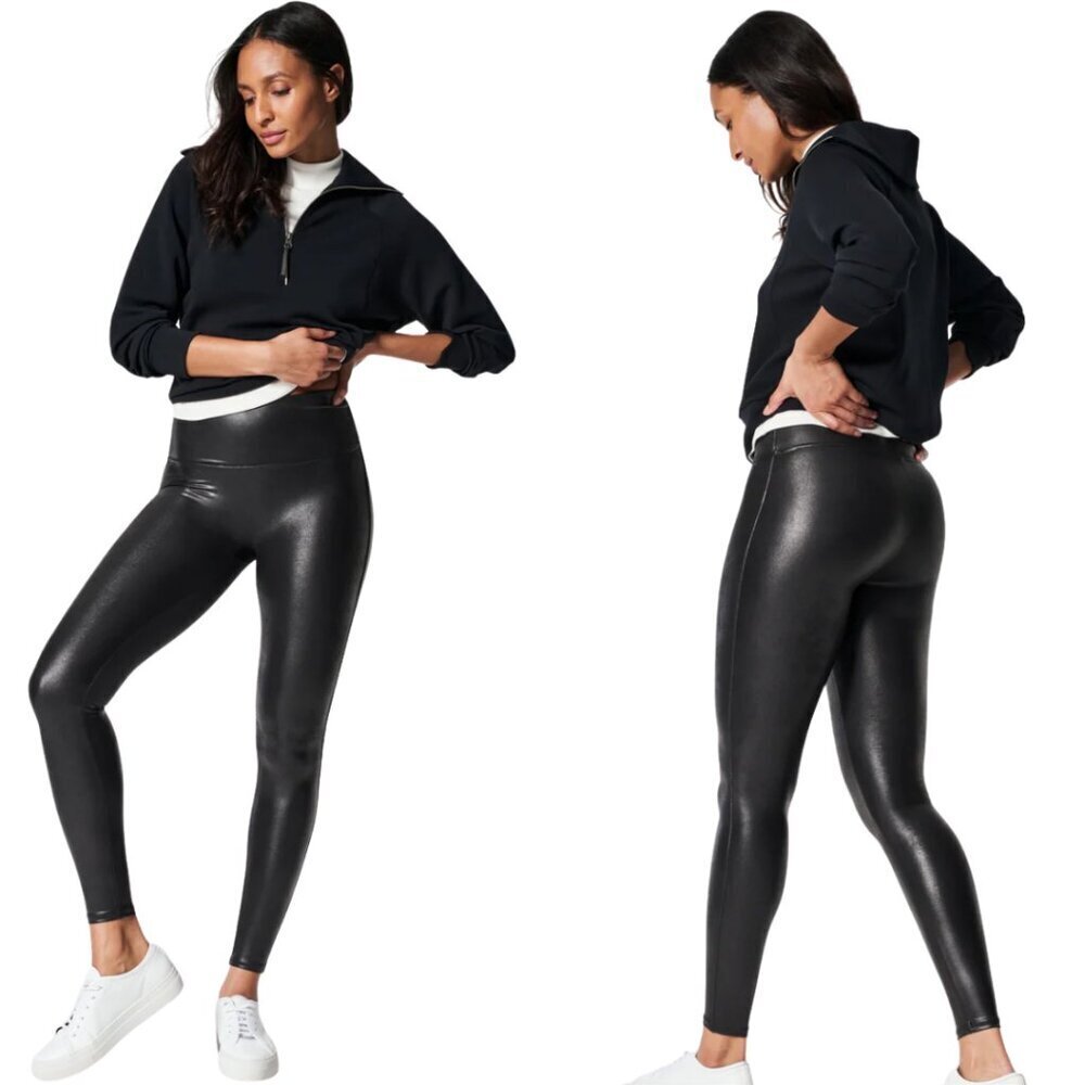 SPANX SPANXshape Faux Leather Leggings Women's XL Black Smoothing Shiny Slimming